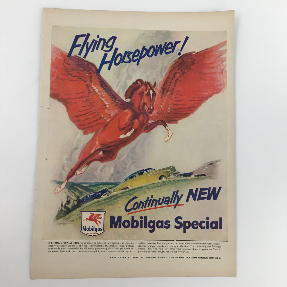 1950 Mobilgas Special Socony-Vacuum Oil Company print ad featuring a vibrant illustration of a red horse soaring above classic cars, capturing the essence of post-war automotive culture.