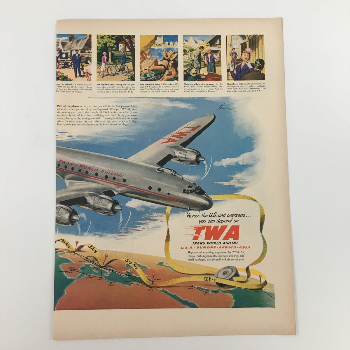 1950 PM De Luxe Blended Whiskey 86 Proof Vintage Print Ad showcasing an artistic illustration of an airplane and travel scenes, highlighting luxury travel.