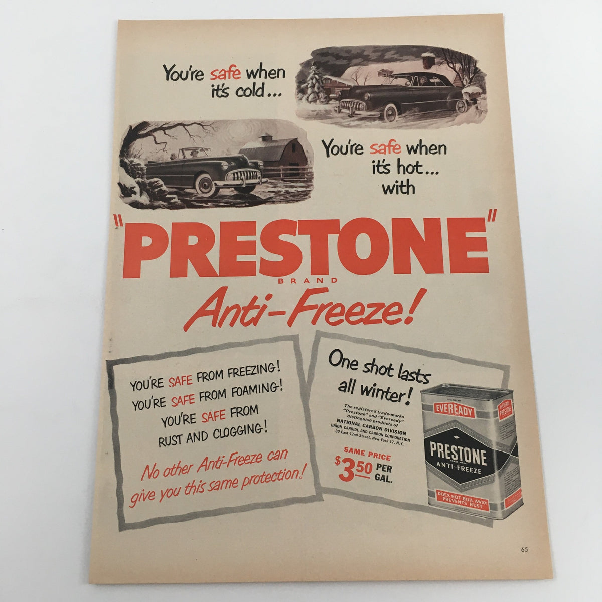 Vintage advertisement for Prestone Brand Anti-Freeze, emphasizing cold and hot weather protection, showcased in a nostalgic design, part of the 1950 Jos. Schultz Brewing Co. Milwaukee's Best Beer print ad collection.