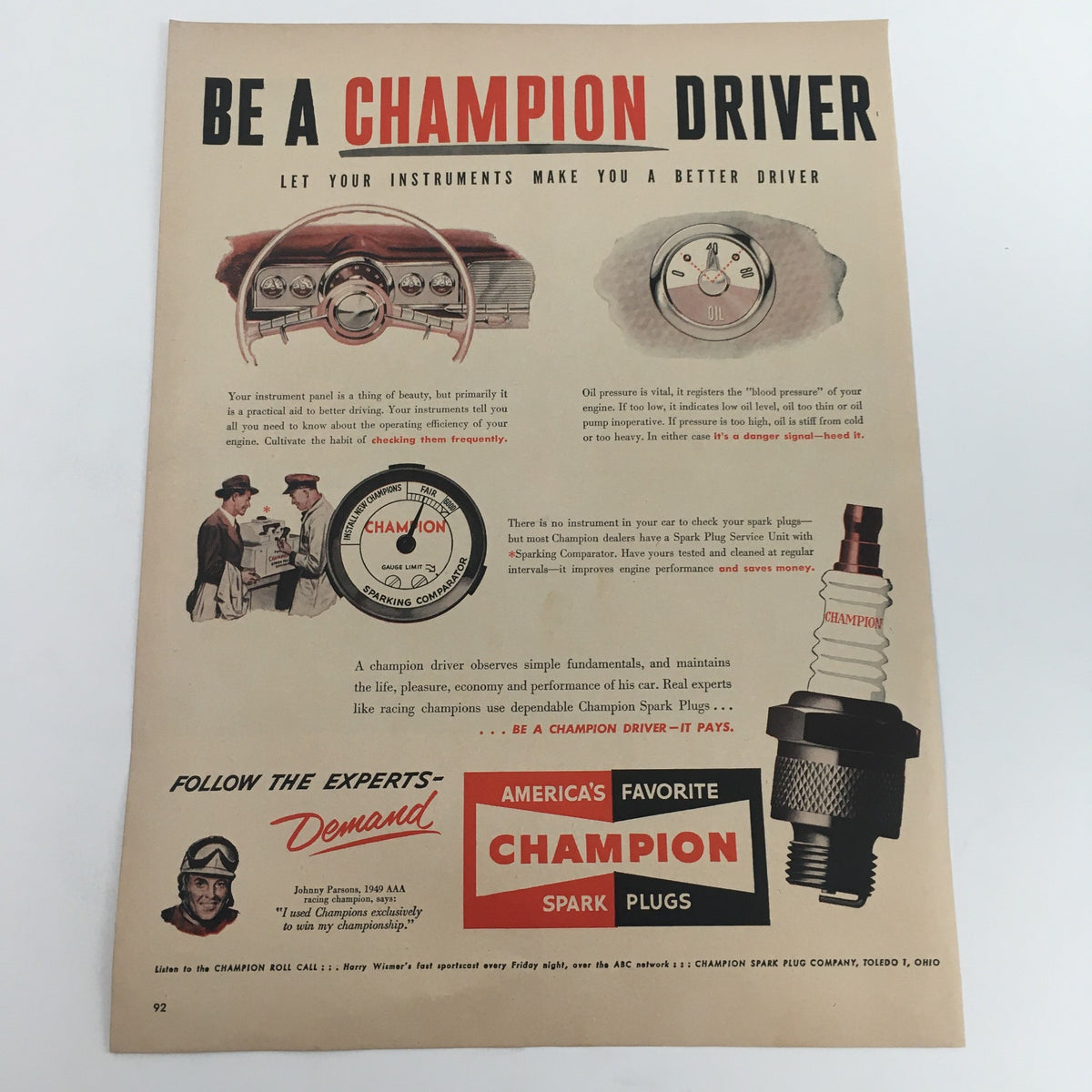 1950 Champion Spark Plugs vintage print ad showcasing automotive instruments and performance, reflecting America's favorite brand with nostalgic design elements.