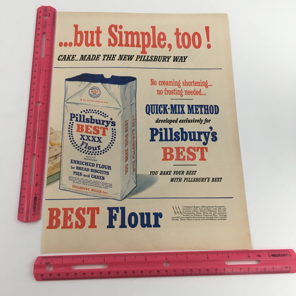 Vintage advertisement for Pillsbury's Best Flour showcasing the Quick-Mix Method for cakes, emphasizing the ease of baking without the need for shortening or frosting. This ad is a part of the 1950 Pillsbury's Best Flour Quick Mix Method Vintage Print Ad.