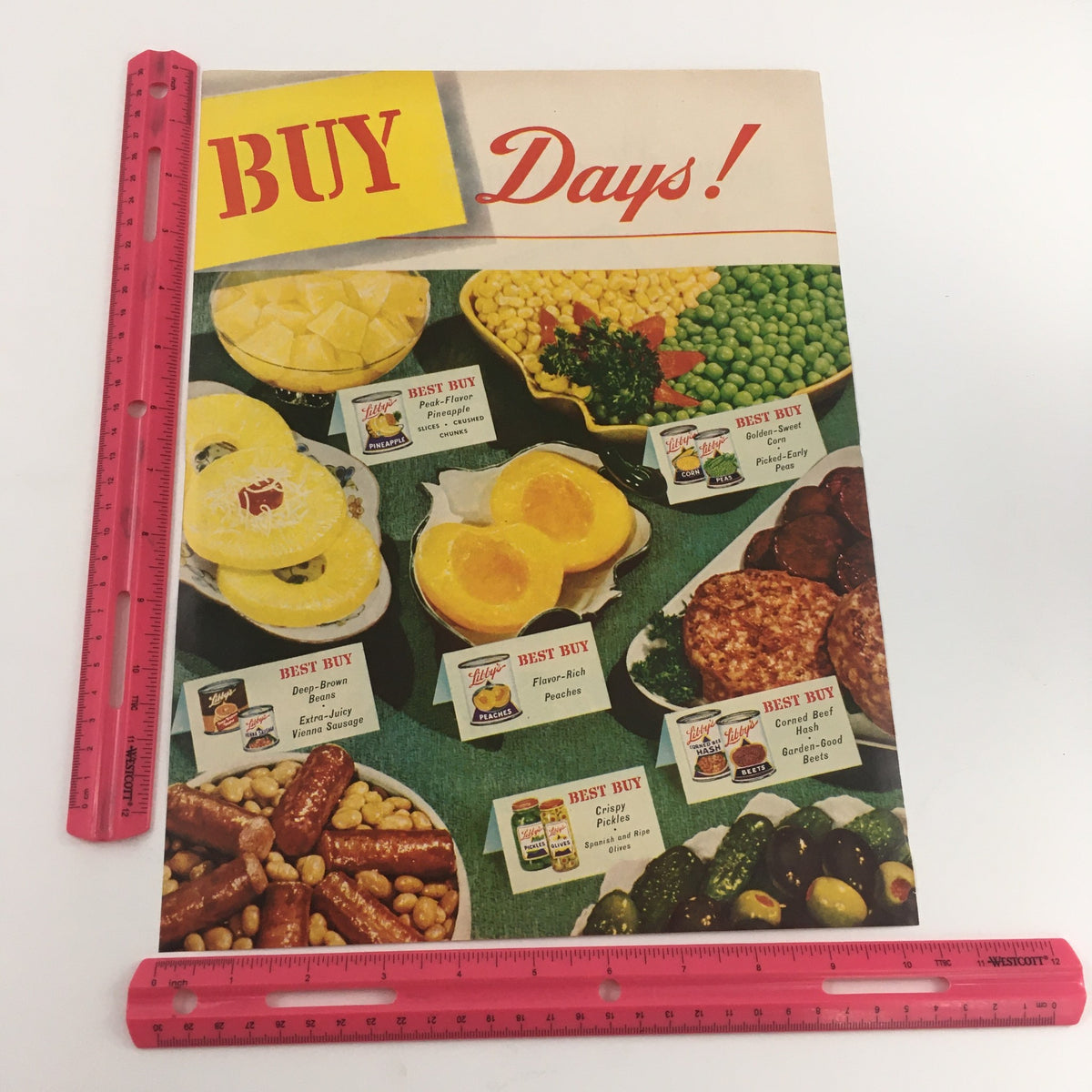 Additional angle of the vintage Libby's Best Buy Products ad displaying food items and highlighted measurements for size reference.