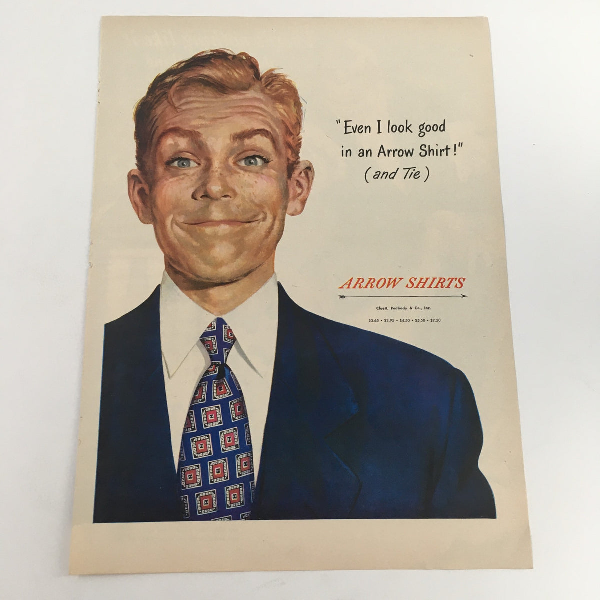 1950 Budweiser Lager Beer Anheuser-Busch Inc. Vintage Print Ad featuring an Arrow Shirts advertisement with a man smiling confidently in a suit, promoting Arrow Shirts alongside the vintage beer ad.