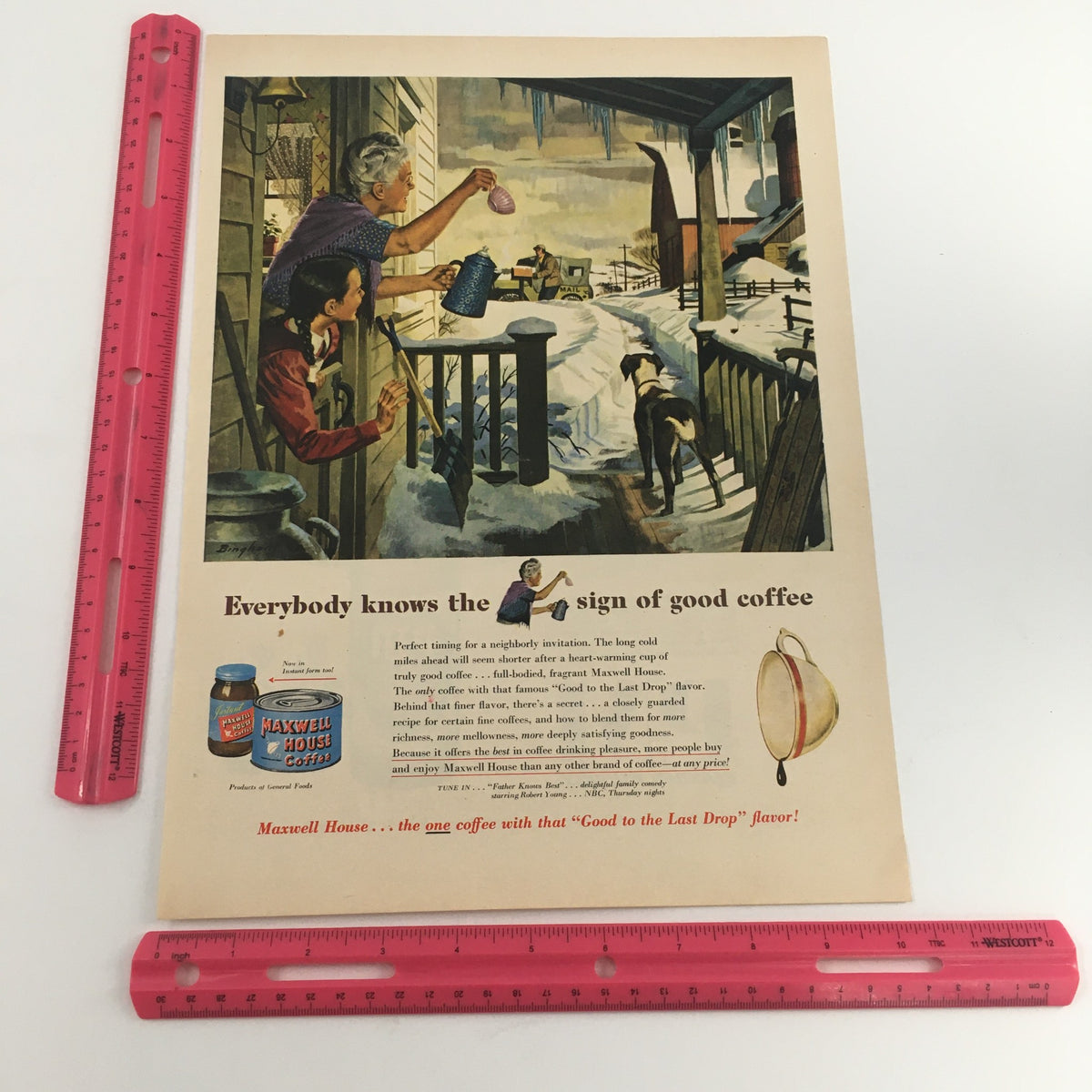 1950 Maxwell House Coffee Vintage Print Ad showing a snowy scene with a woman, dog, and coffee pot, inviting viewers to enjoy good coffee in winter.