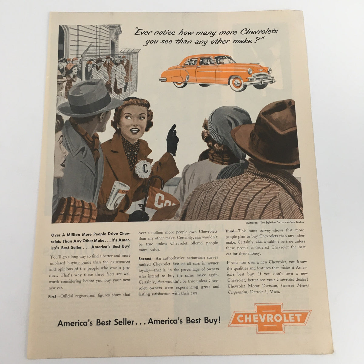 Vintage 1950 Chevrolet Illustrated The Styleline De Luxe 4-Door Sedan Print Ad showcasing a classic car scene with a woman in the foreground and a yellow Chevrolet in the background, emphasizing its appeal as America's best seller.