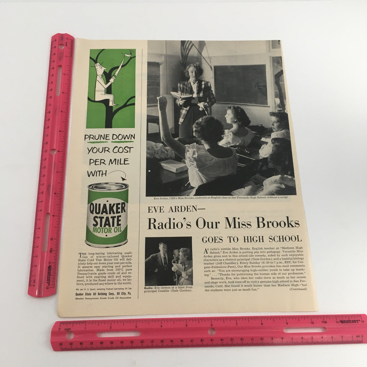 Another view of the Quaker State Motor Oil advertisement with Eve Arden and students in a classroom, emphasizing the oil's economic value, alongside the 1950 Chevrolet Illustrated The Styleline De Luxe 4-Door Sedan Vintage Print Ad.
