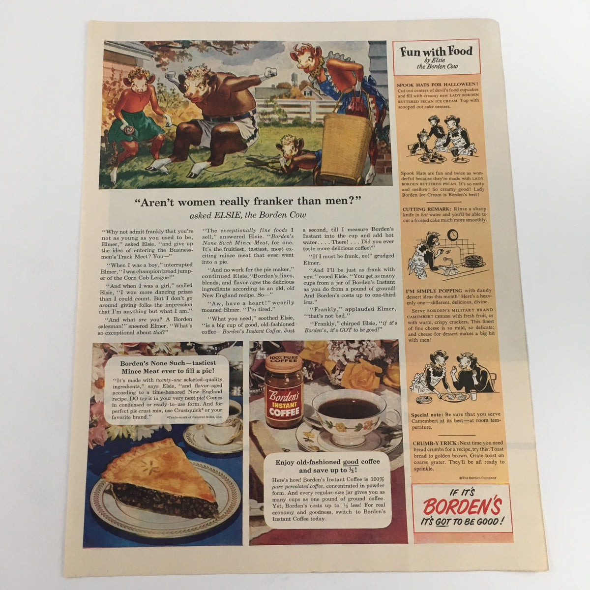 1950 Borden's Instant Coffee Regular-Sized Jar Vintage Print Ad featuring whimsical illustrations of children and pets enjoying coffee together in a nostalgic setting.