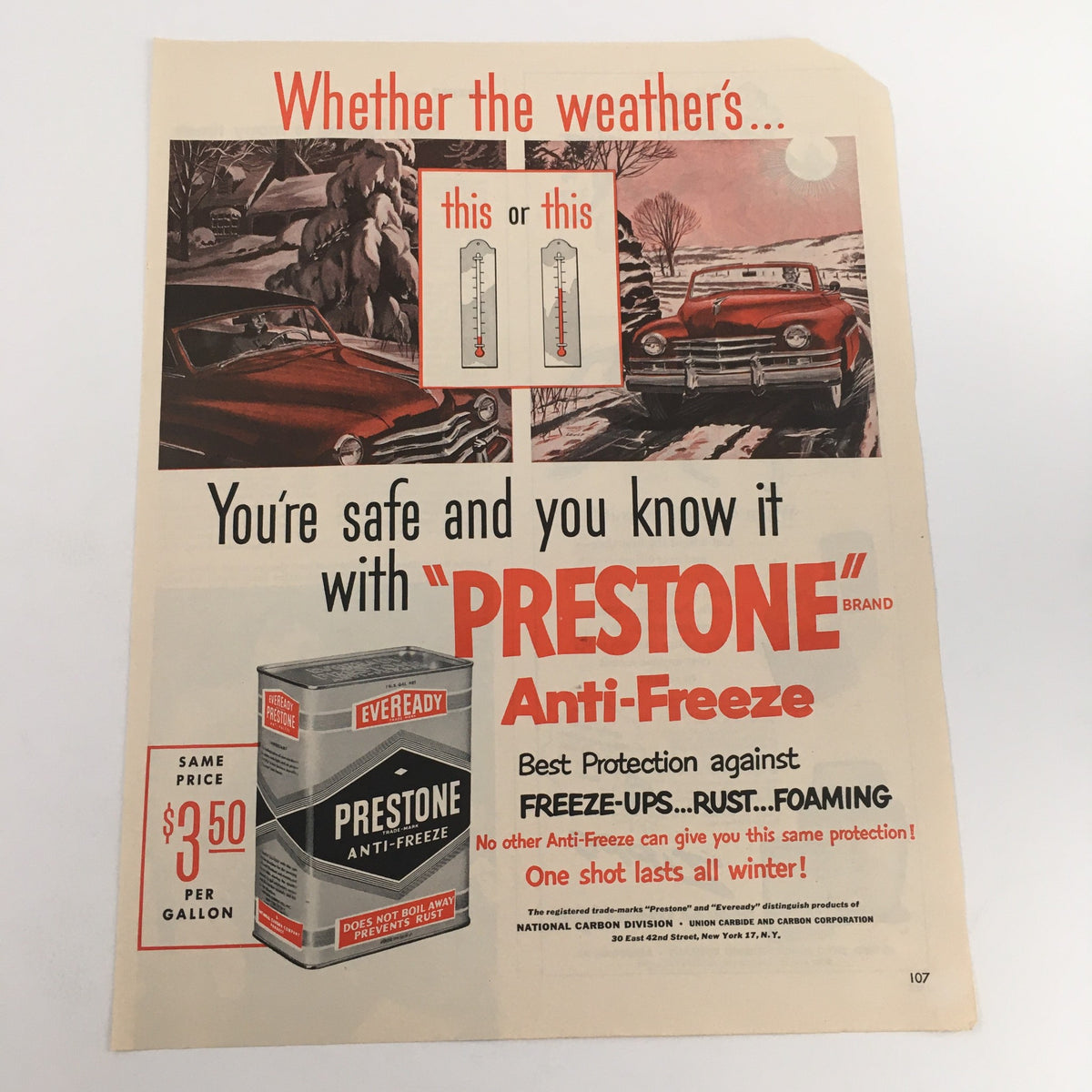 1950 Zippo The One-Zip Windproof Lighter Vintage Print Ad showcasing an advertisement for Prestone Anti-Freeze, featuring classic cars in snow and a can of Prestone, reflecting the charm of vintage advertising.