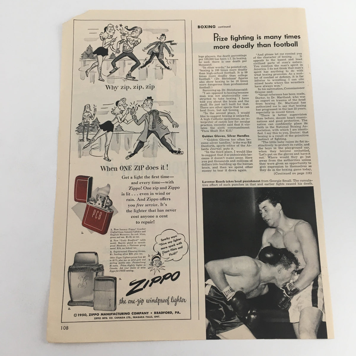 Vintage print ad for the 1950 Zippo The One-Zip Windproof Lighter, showcasing nostalgic artwork and boxing theme, from Zippo Manufacturing Company.