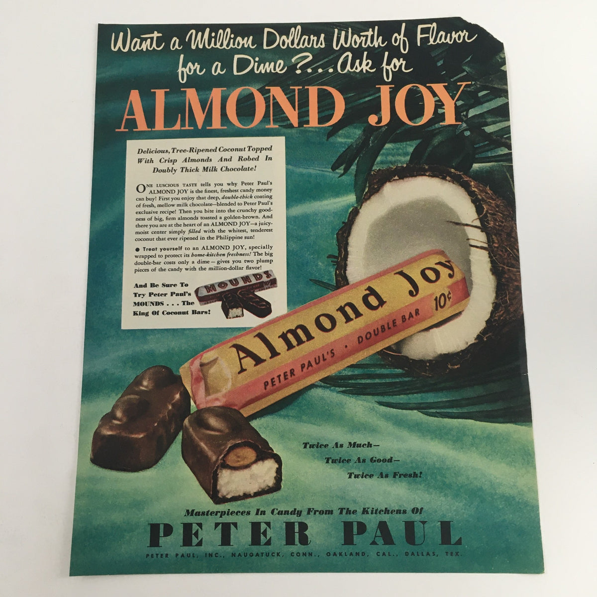 1950 Peter Paul Almond Joy Double Bar Coconut Chocolate Vintage Print Ad showcasing the product with vibrant colors and classic design, depicting chocolate bars and a coconut.