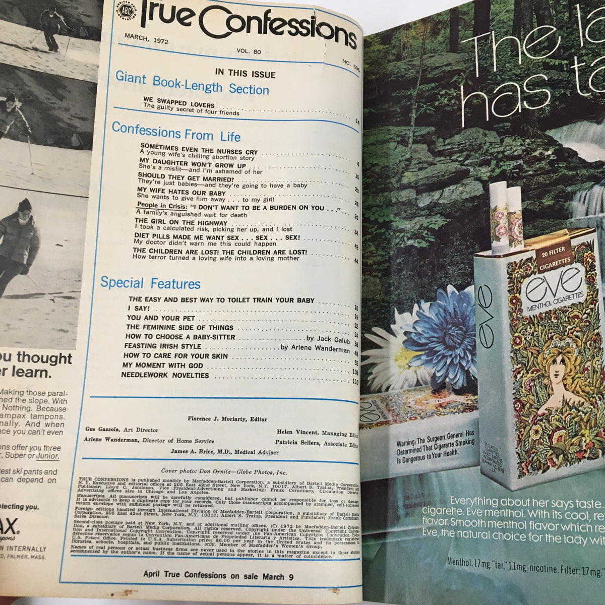 Inside page of True Confessions Magazine, March 1972. Lists article titles including 'Confessions From Life' and various special features, showcasing the magazine's focus on real-life stories and societal themes.