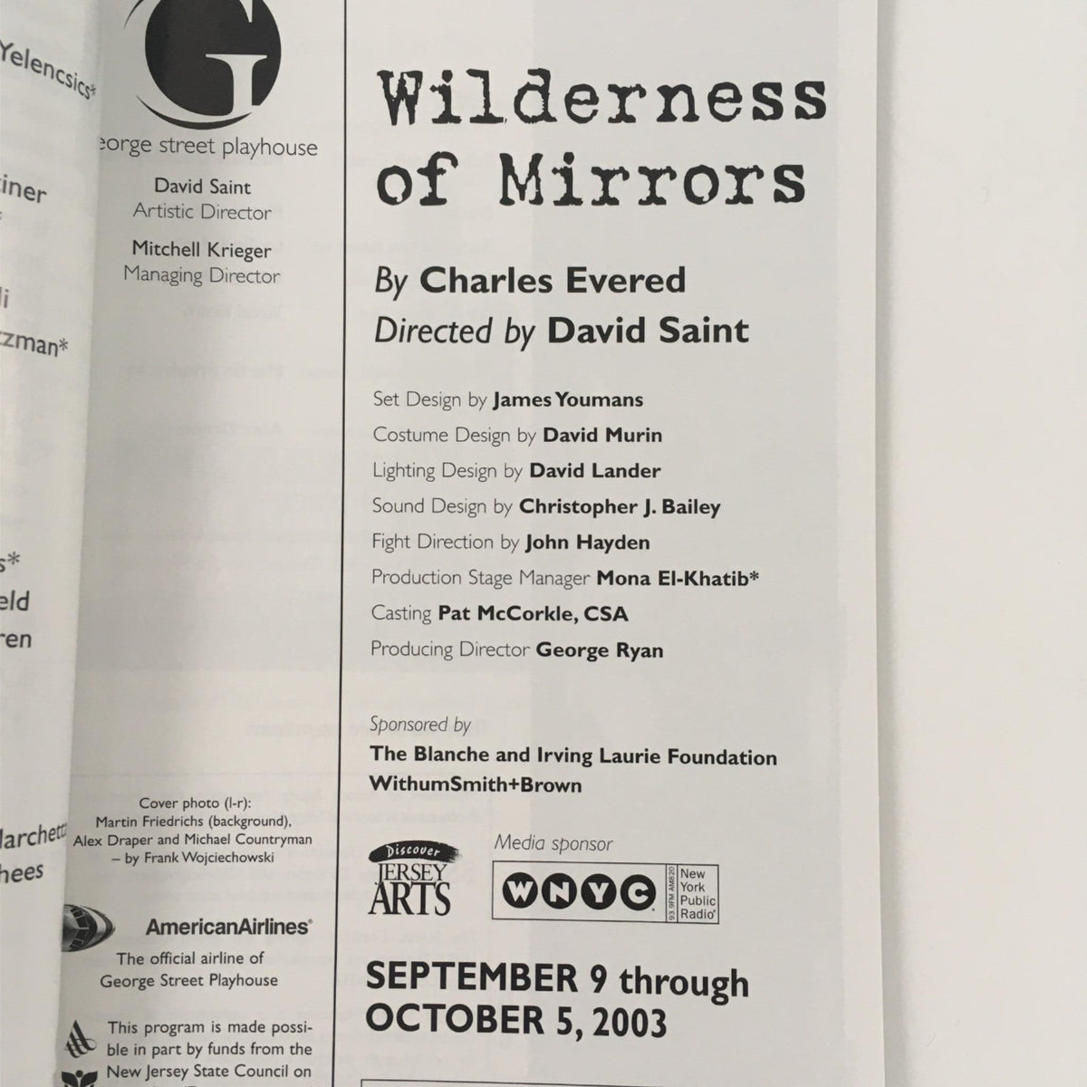 Inside page of 'Wilderness of Mirrors' program by Charles Evered, featuring credits and production details, directed by David Saint.