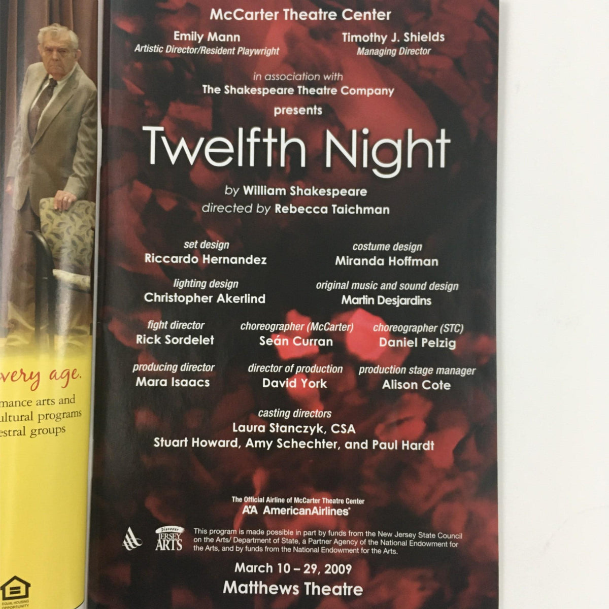 Details page of the 2009 Twelfth Night at McCarter Theatre Center by William Shakespeare, listing cast, crew, and production information.
