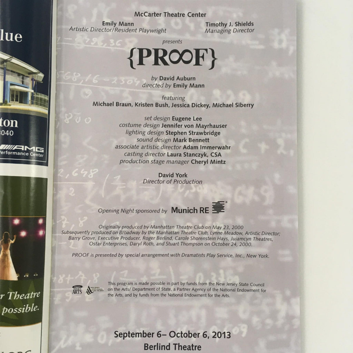 Back cover of the 2013 Proof by David Auburn, Emily Mann at McCarter Theatre Center, detailing the cast and crew and providing performance information.