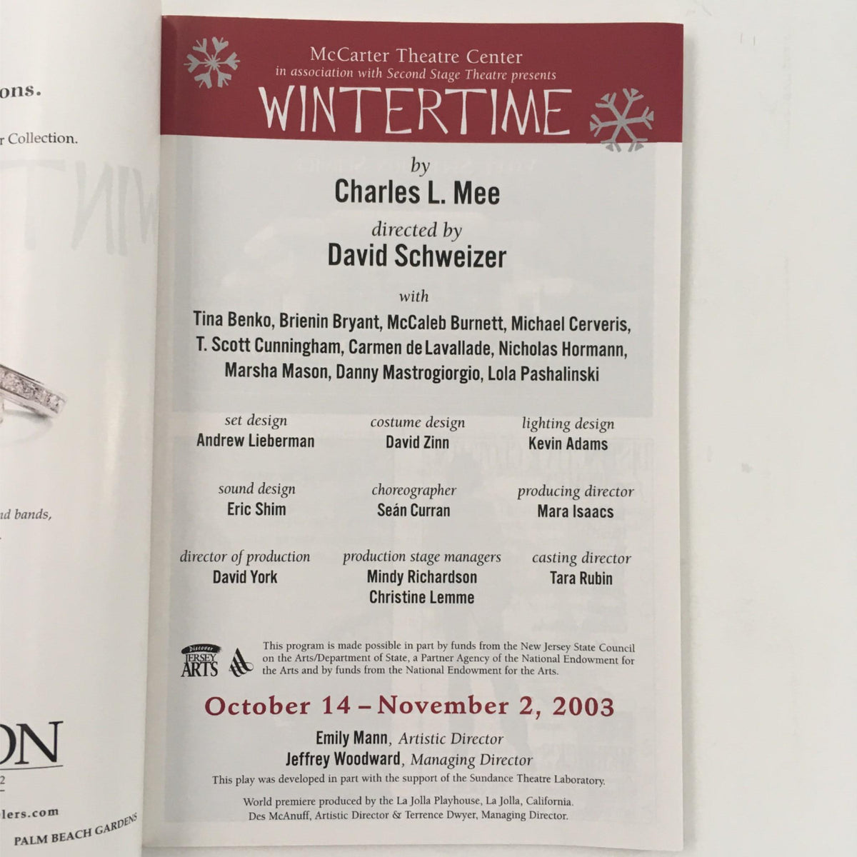 Inside page of 'Wintertime' by Charles Mee, detailing cast and crew, directed by David Schweizer at McCarter Theatre Center, with performance dates.
