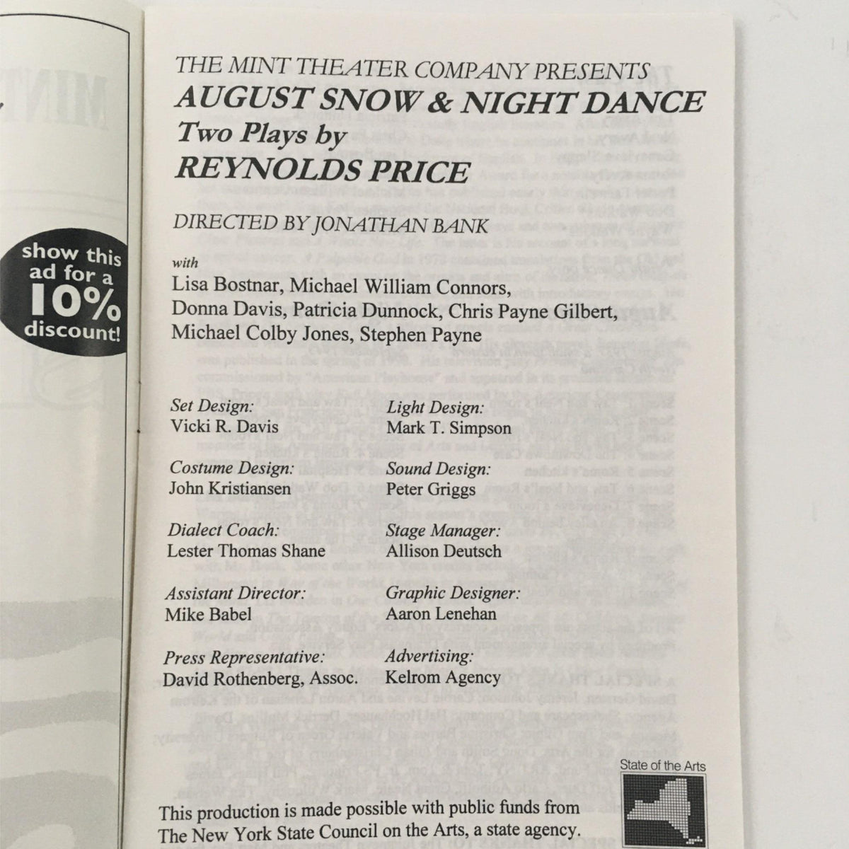 Inside page of the 1998 August Snow & Night Dance by Reynolds Price, directed by Jonathan Bank, featuring cast and production details for the Mint Theater Company.