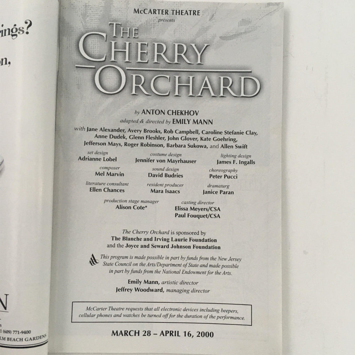Program page for 'The Cherry Orchard' by Anton Chekhov, adapted and directed by Emily Mann at McCarter Theatre, detailing cast and creative team.