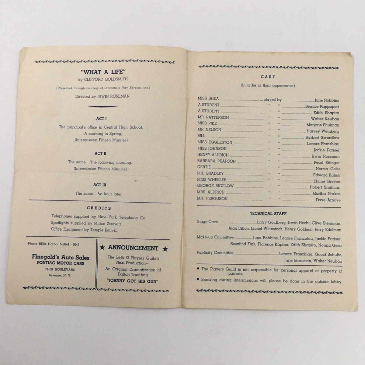 Inside spread of the program for '1939 What A Life' by Clifford Goldsmith, detailing the cast and crew of the production at Beth-el Theatre.