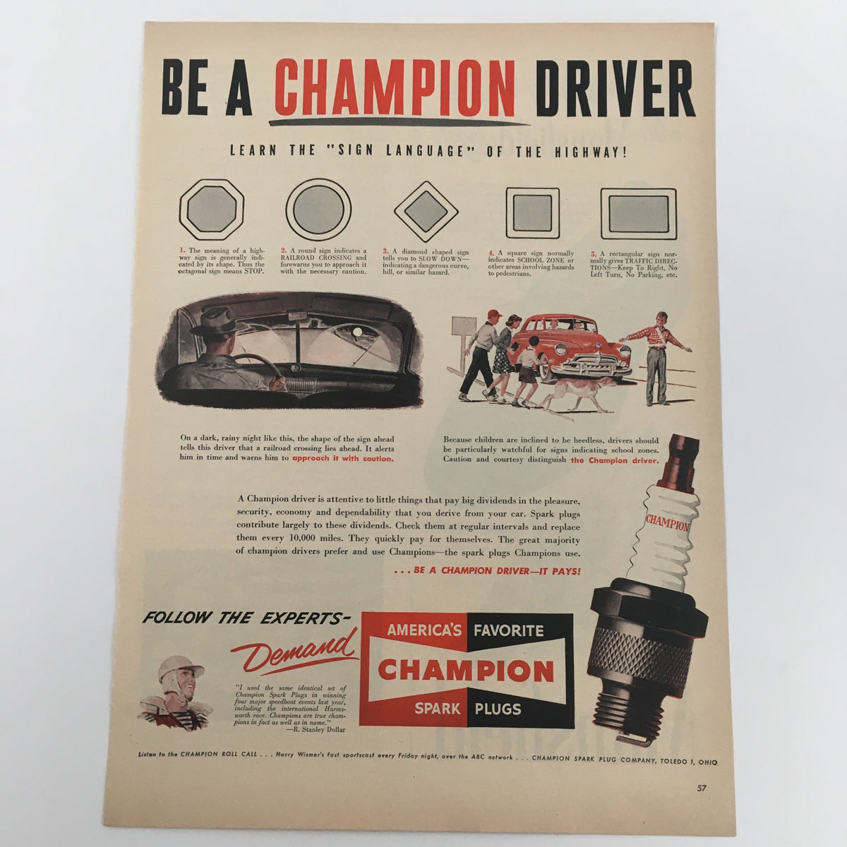 1950 America’s Favorite Champion Spark Plugs Vintage Print Ad showcasing automotive history with vibrant design and iconic branding.