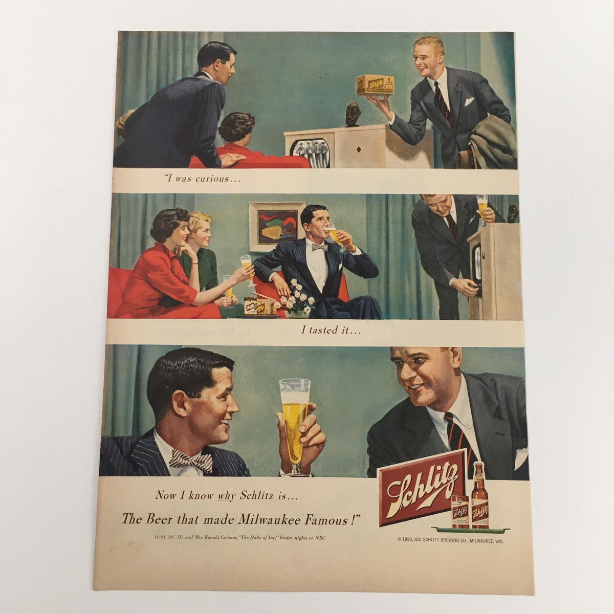 1950 Schlitz Brewing Co. Milwaukee Famous Beer Vintage Print Ad featuring a scene of social gathering and tasting beer, illustrated with vibrant colors and classic typography.