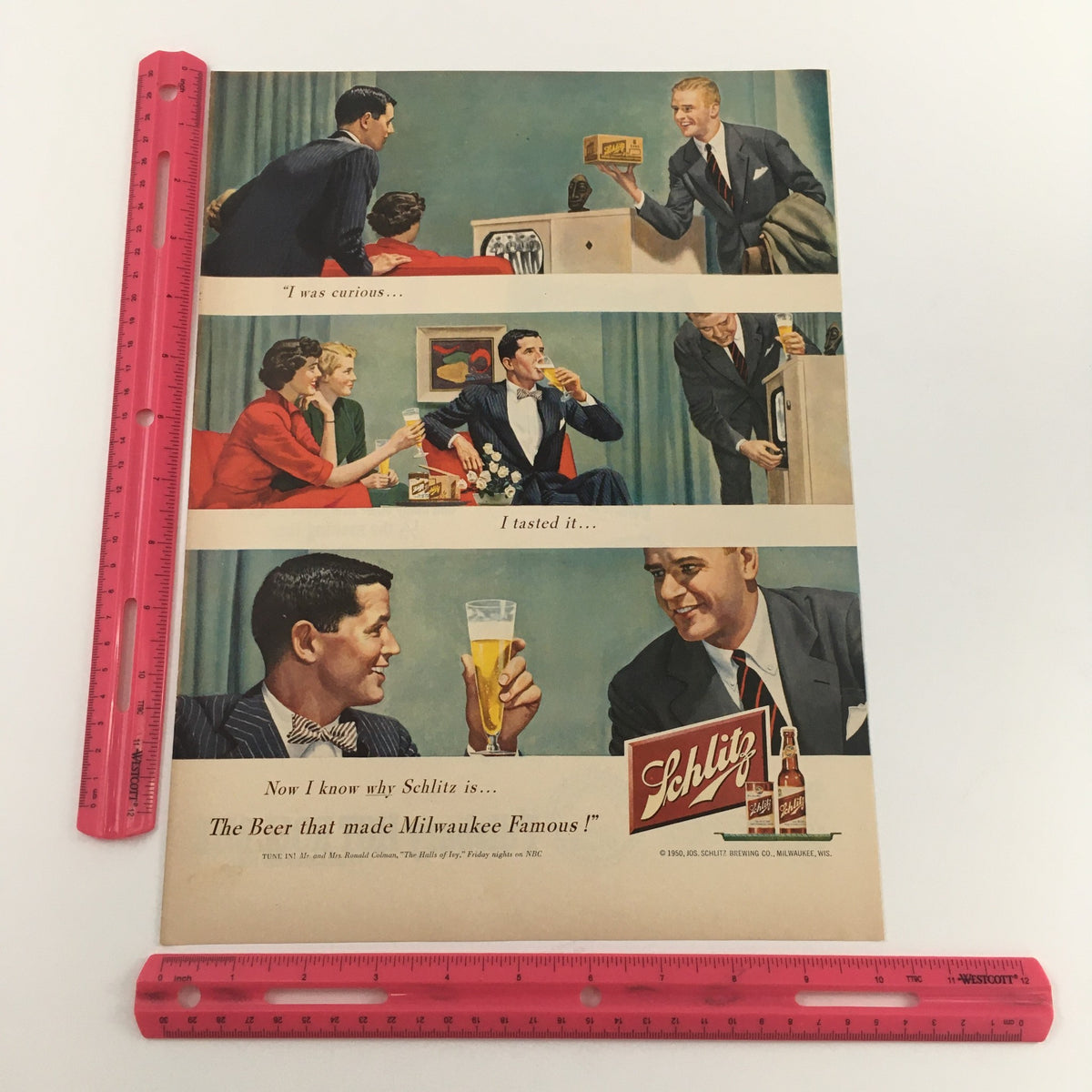 Close-up view of the 1950 Schlitz Brewing Co. Milwaukee Famous Beer Vintage Print Ad, highlighting a group enjoying beer and conversations, with a measuring ruler for scale.