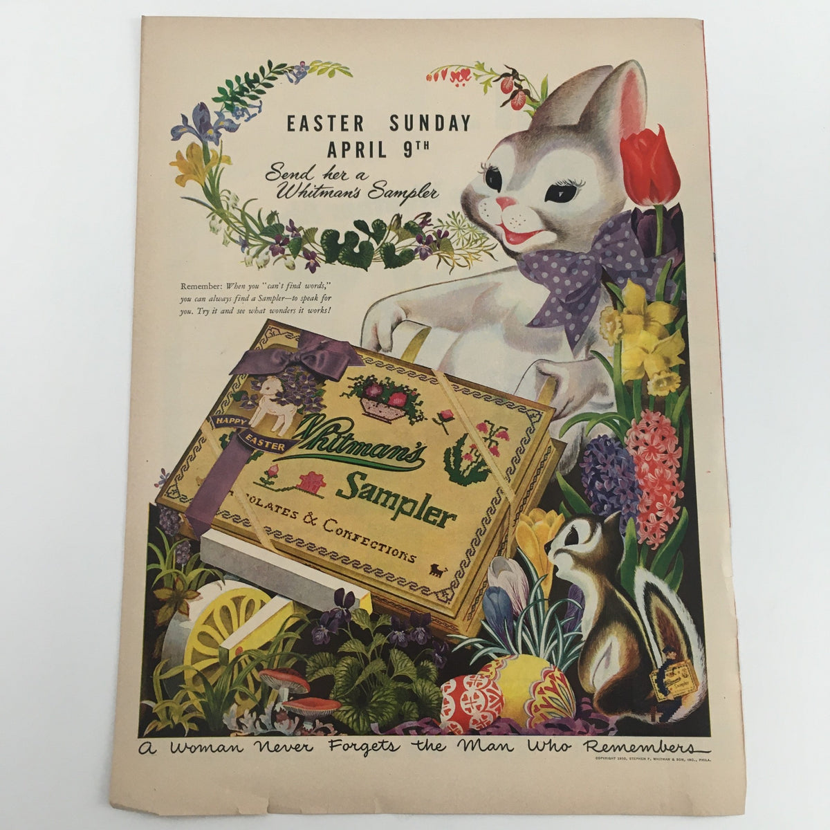 Vintage print ad for Whitman's Sampler featuring a bunny and Easter theme, 1950 Mobilgas Socony-Vacuum Mobil Care Vintage Print Ad.
