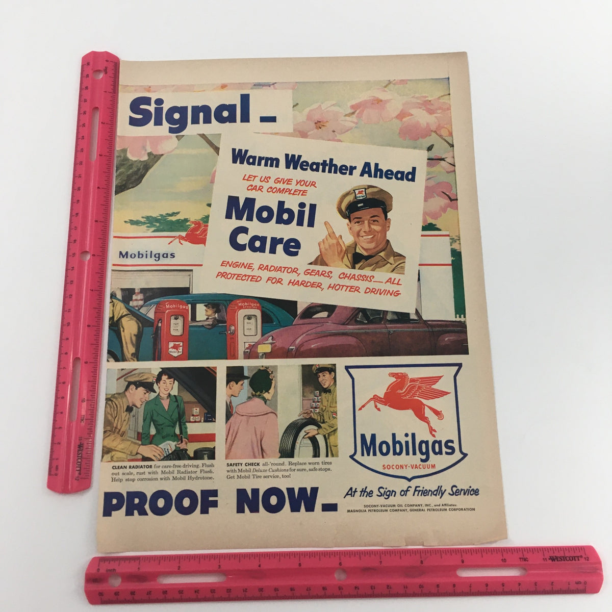 Another view of the Mobilgas Socony-Vacuum Mobil Care advertisement emphasizing engine care and service, 1950 Mobilgas Socony-Vacuum Mobil Care Vintage Print Ad.