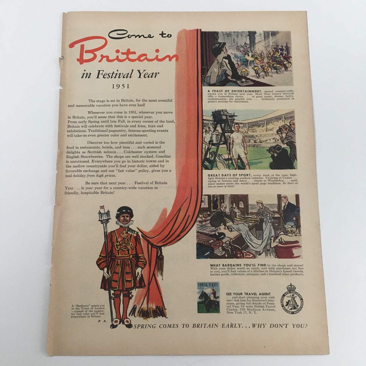1950 Stanley Home Products Incorporation Vintage Print Ad showcasing a promotional piece titled 'Come to Britain in Festival Year 1951,' featuring entertainment highlights and travel inspirations.