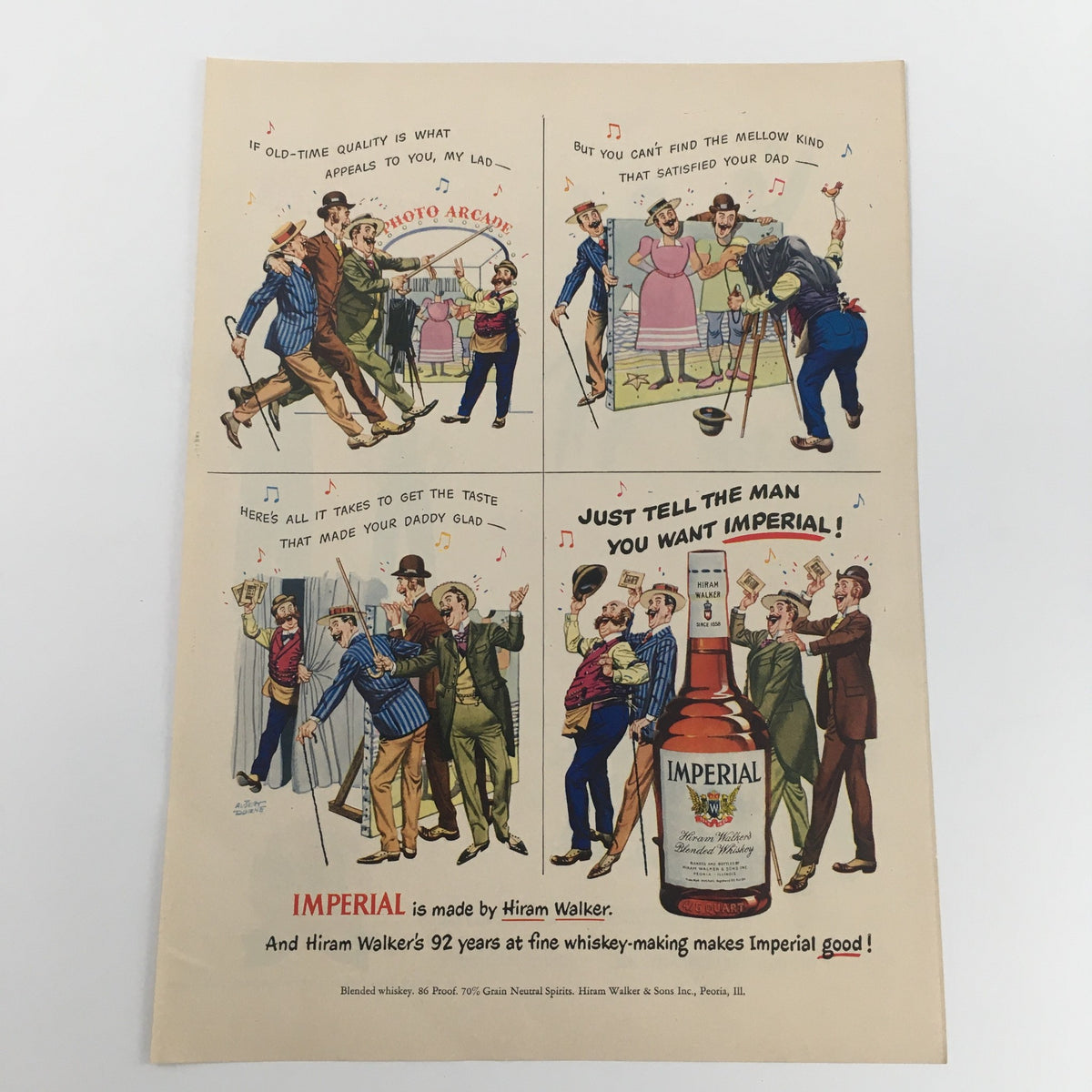 Vintage print advertisement for 1950 Imperial Hiram Walker’s Blended Whiskey, showcasing a humorous depiction of whiskey lovers enjoying the drink, with classic illustrations and catchy slogans.
