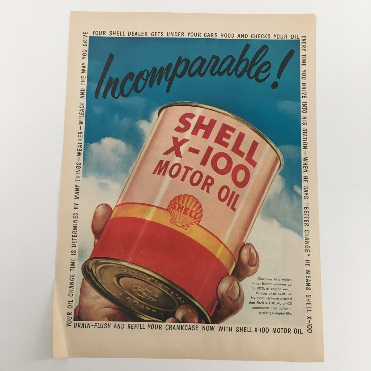 Vintage print ad for 1950 Shell X-100 Motor Oil, showcasing a can and emphasizing its ability to counteract acid action.