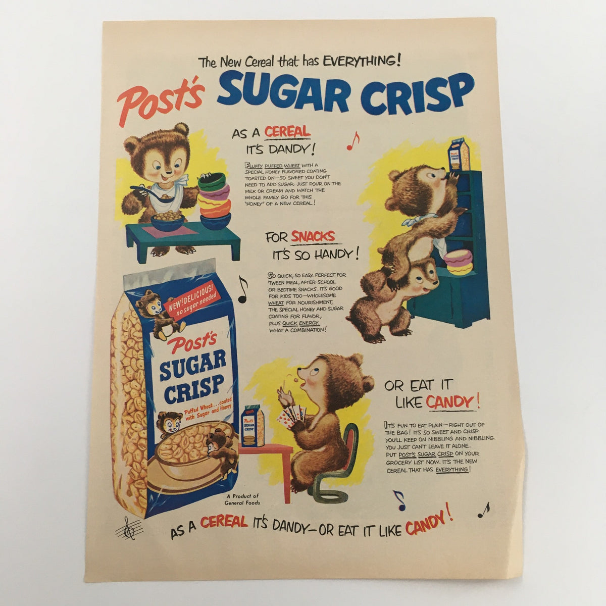 Vintage print ad for Post's Sugar Crisp, featuring cheerful animated characters promoting the cereal as a snack and candy alternative.