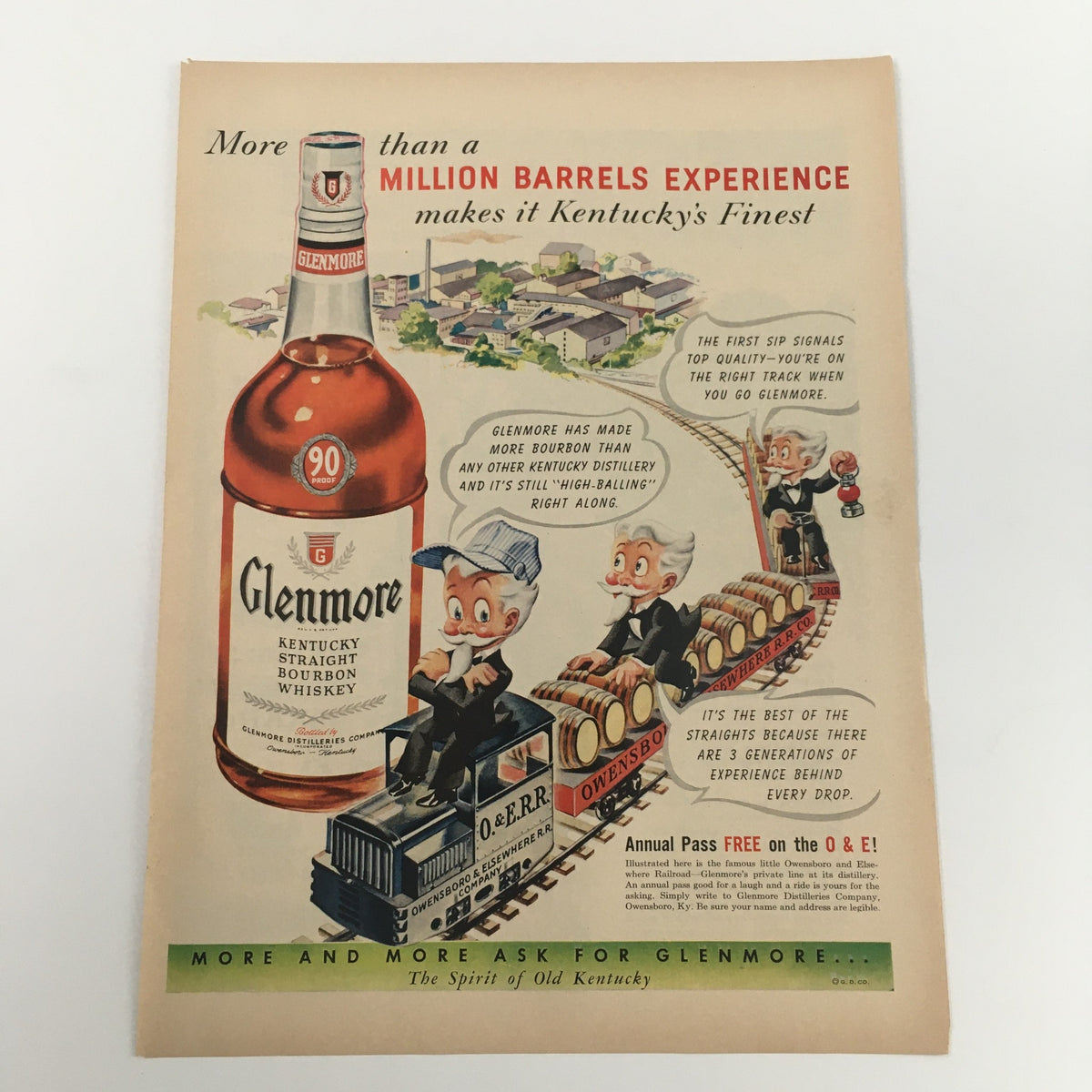 1950 Glenmore Kentucky Straight Bourbon Whiskey Vintage Print Ad featuring a playful illustration of children with a train and bottle of Glenmore bourbon, showcasing Kentucky's whiskey heritage.