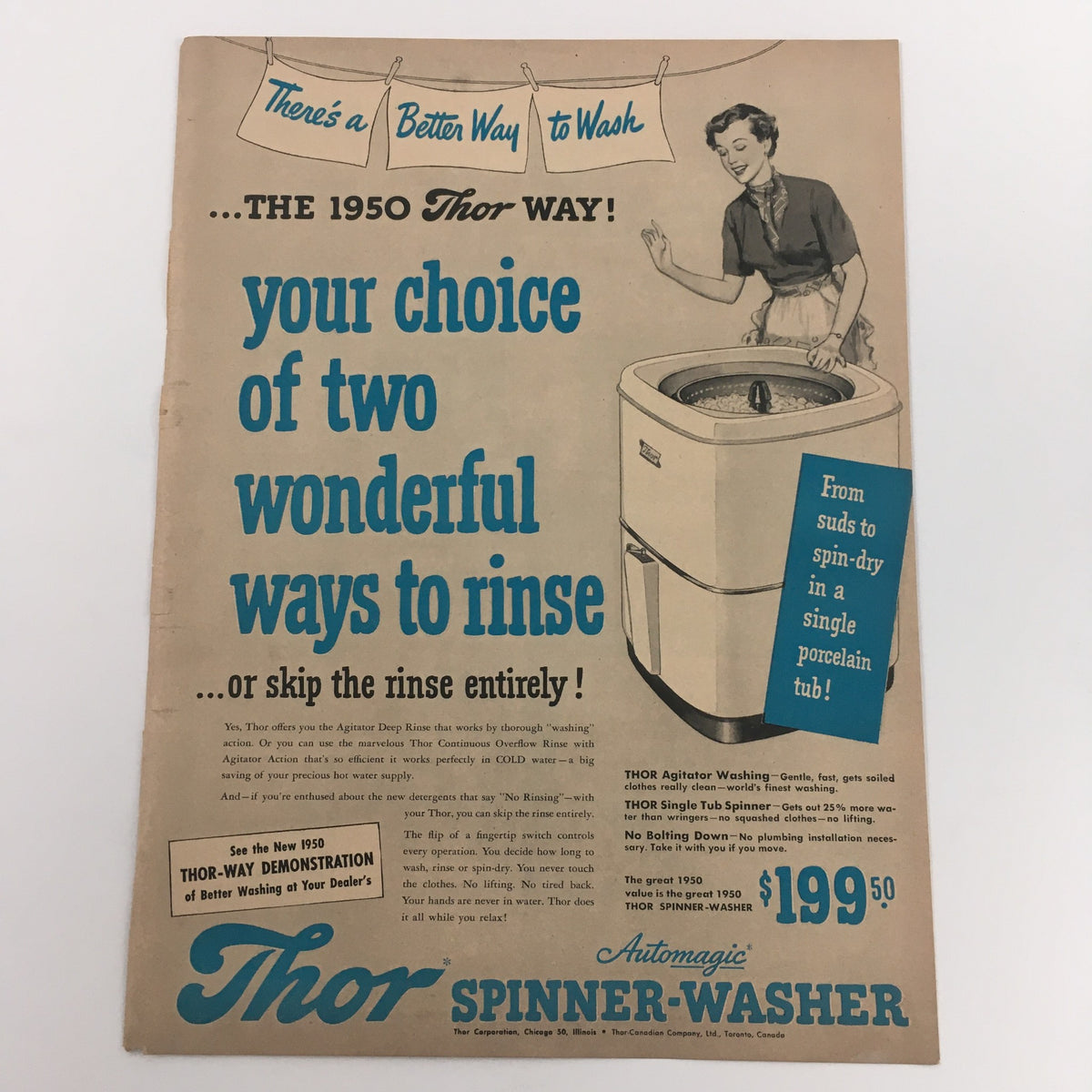 1950 Automagic Thor Spinner-Washer Single Tub Spinner Vintage Print Ad showcasing a retro washing machine, highlighting its features and nostalgic appeal, perfect for collectors and vintage enthusiasts.