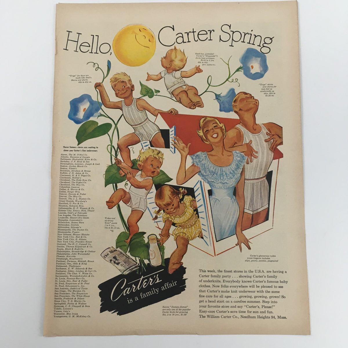1950 Swiss Federation Watch Manufacturers Switzerland Vintage Print Ad featuring a colorful illustration of playful babies and a smiling woman, advertising Carter Spring products.