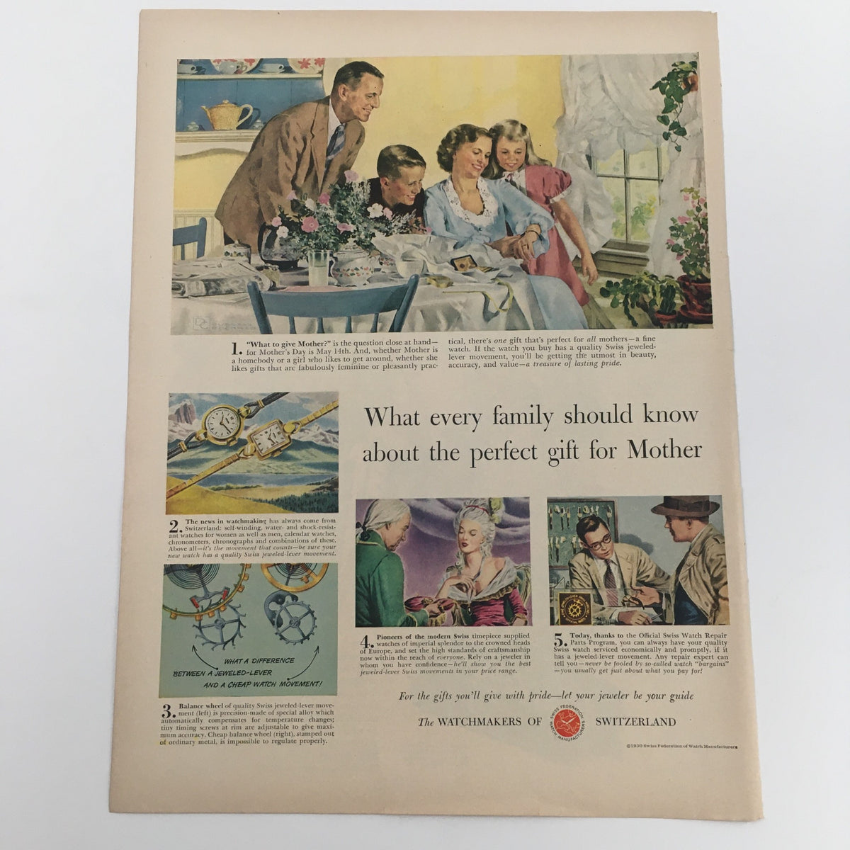 1950 Swiss Federation Watch Manufacturers Switzerland Vintage Print Ad showcasing an elegant scene of a family gathered around a dining table, discussing the perfect gift for Mother.