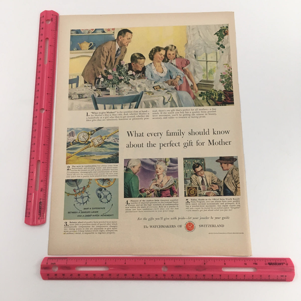 1950 Swiss Federation Watch Manufacturers Switzerland Vintage Print Ad highlighting key gift ideas for Mother's Day, with illustrated details on watchmaking and family gatherings.