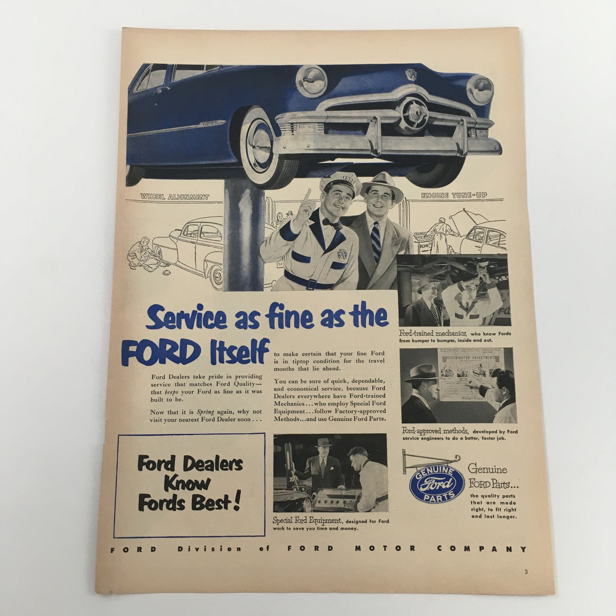 1950 Ford Genuine Parts Special Equipment Engine Tune-Up Vintage Print Ad showcasing a classic Ford vehicle being serviced, highlighting the importance of quality service at Ford dealerships.
