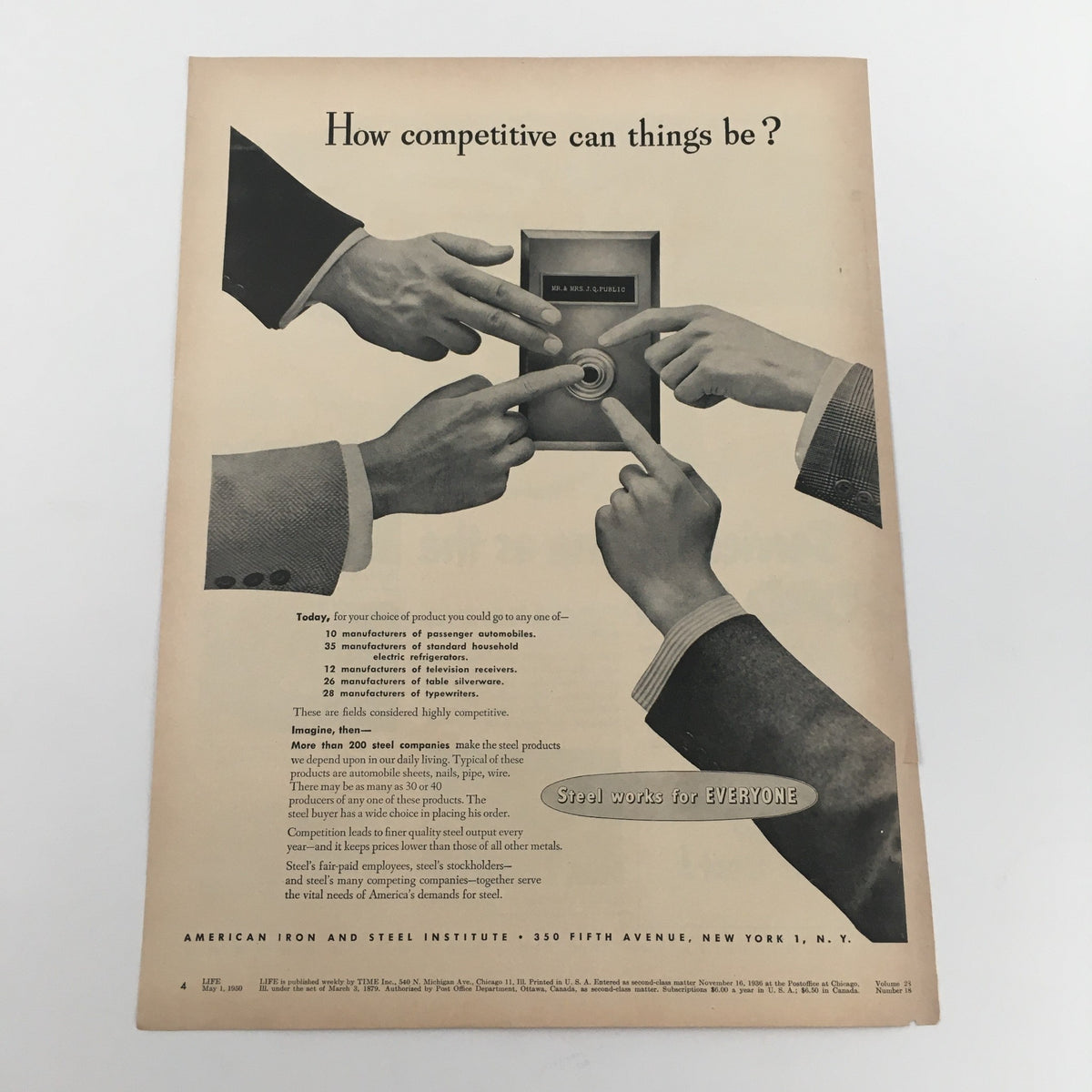 1950 Ford Genuine Parts Special Equipment Engine Tune-Up Vintage Print Ad featuring hands pressing a doorbell button, representing competition in the automotive industry, with a focus on various manufacturers.