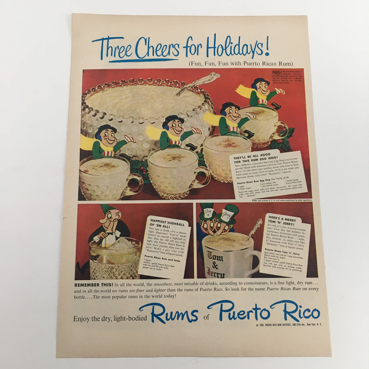 Vintage print ad titled 'Three Cheers for Holidays!' showcasing Puerto Rican rum with festive illustrations and holiday drink recipes, perfect for cocktail enthusiasts.
