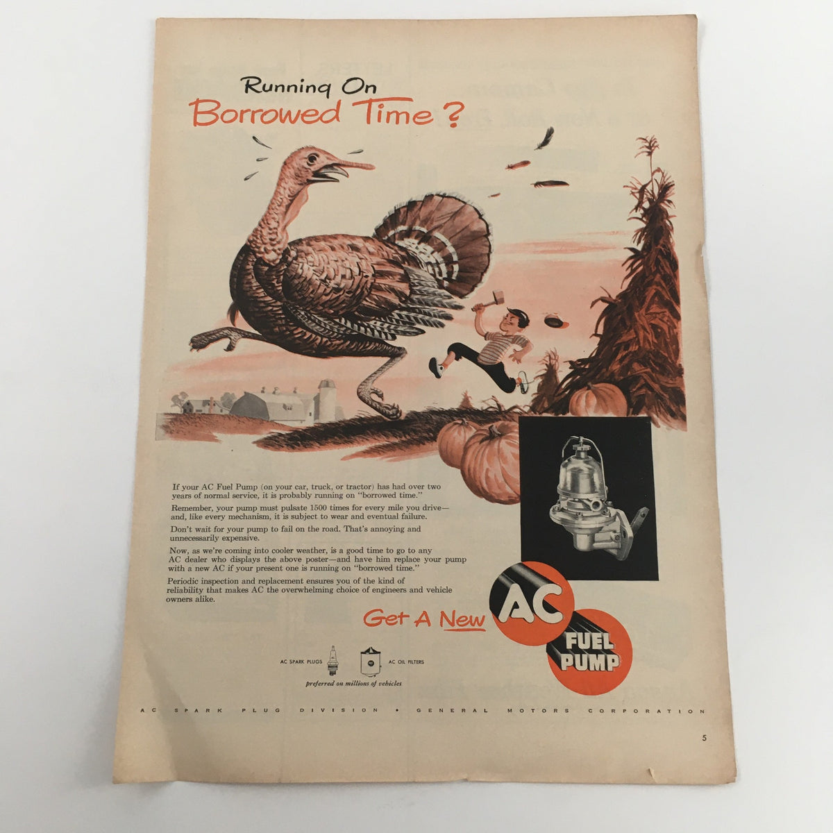 Vintage 1950 AC Spark Plugs Oil Filters Fuel Pump Print Ad featuring a whimsical illustration of a turkey and a child, highlighting automotive products in a nostalgic setting.