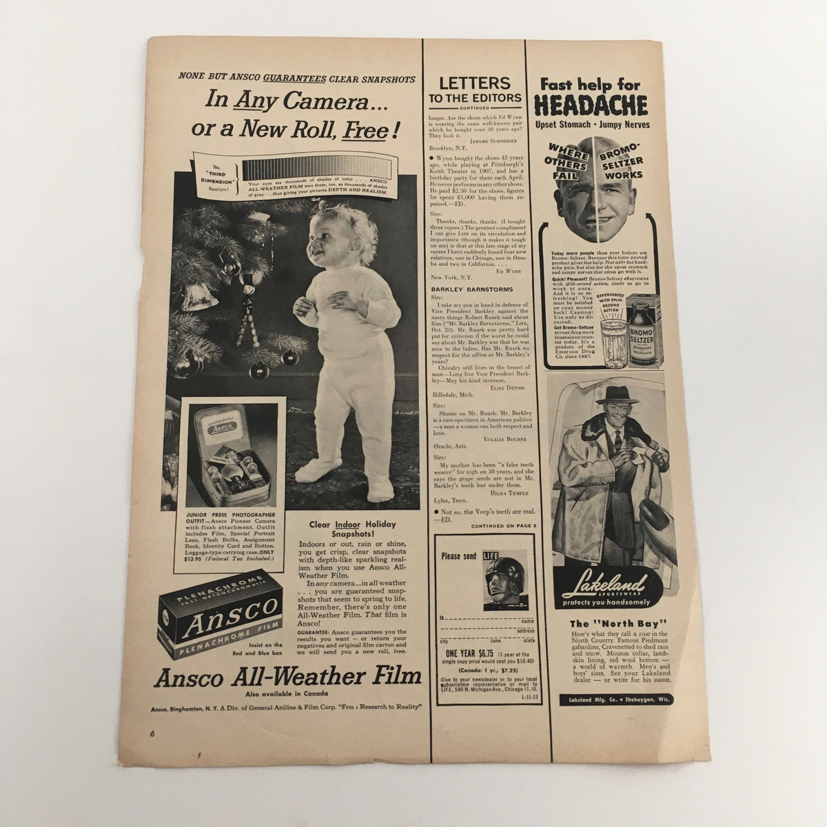1950 AC Spark Plugs Oil Filters Fuel Pump Vintage Print Ad showcasing an Ansco All-Weather Film advertisement alongside a child near a Christmas tree, reflecting the charm of mid-century advertising.