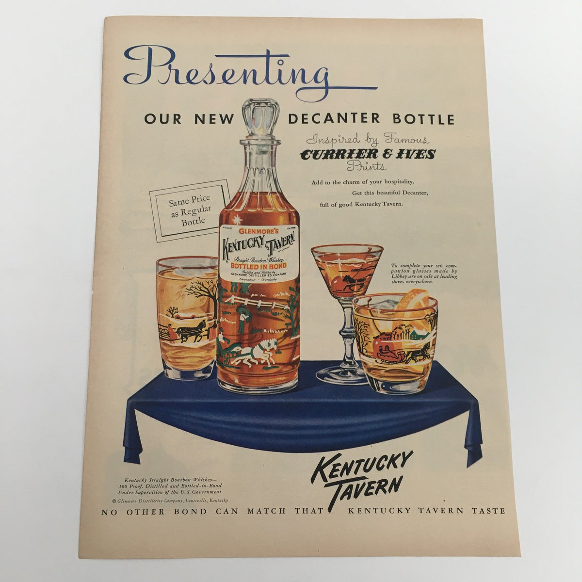 1950 Glenmore's Kentucky Tavern Straight Bourbon Whiskey Vintage Print Ad featuring a decanter bottle and glasses, showcasing vibrant colors and classic design.