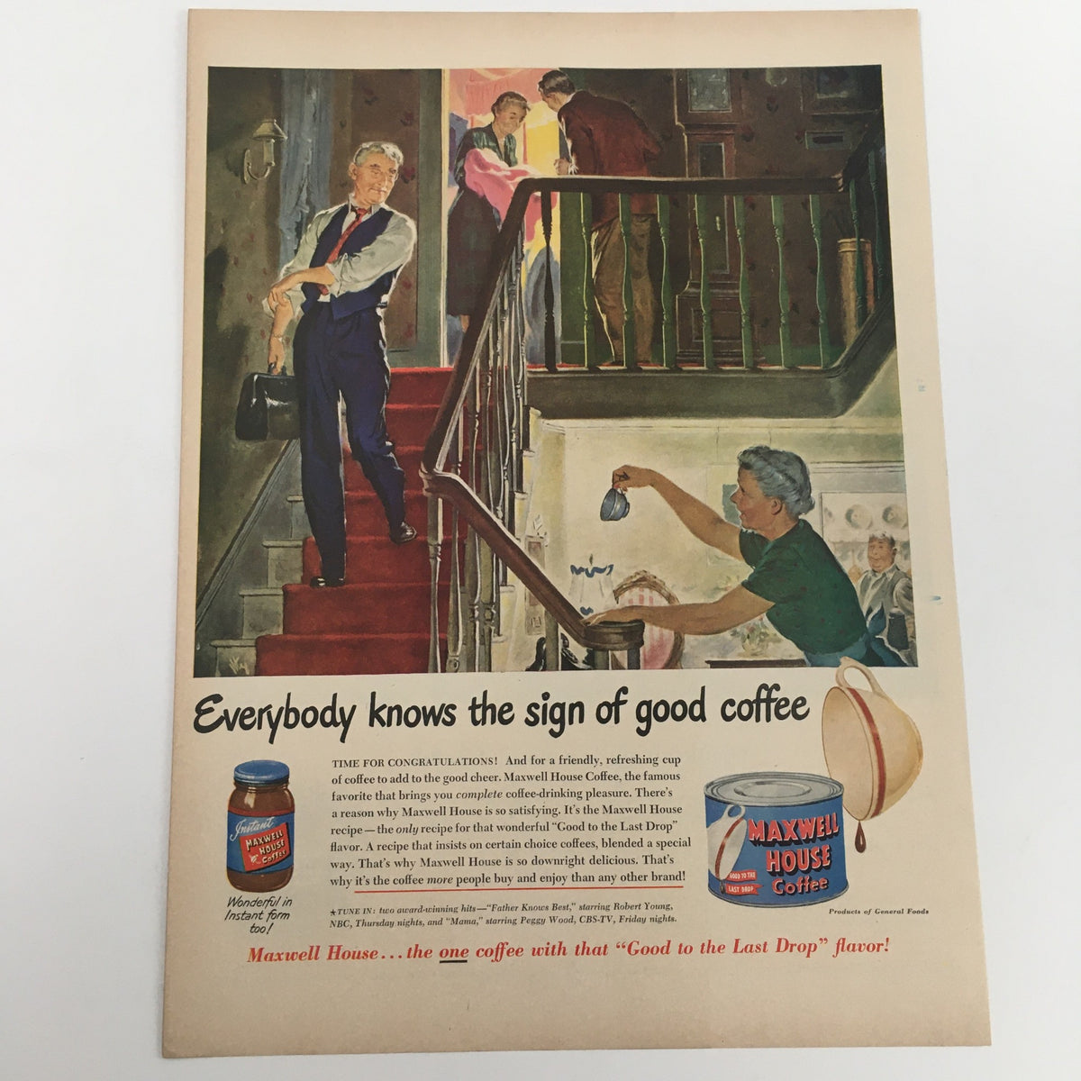 1950 Maxwell House Instant Coffee Vintage Print Ad showcasing a family gathering. The image features a woman pouring coffee from a pot while a man stands on the stairs, reflecting mid-century nostalgia and the warmth of home.