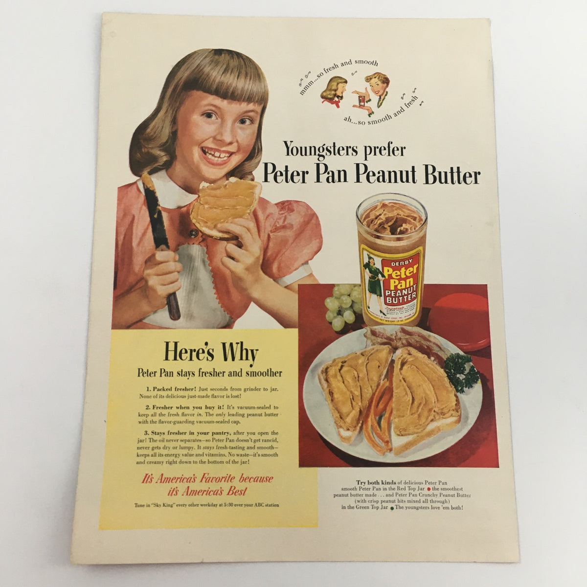 1950 Derby Peanut Butter advertisement featuring a young girl smiling with a peanut butter sandwich, showcasing the tagline 'Youngsters prefer Peter Pan Peanut Butter.'