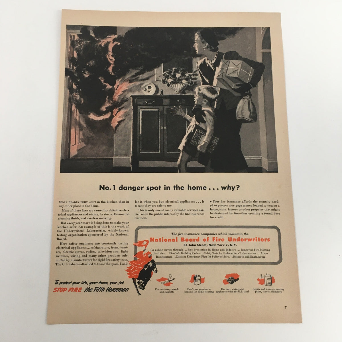 Vintage advertisement from 1950 titled 'The Fifth Horseman Fire Insurance' showcasing a dramatic scene of a mother and child in front of a burning kitchen, emphasizing fire safety.