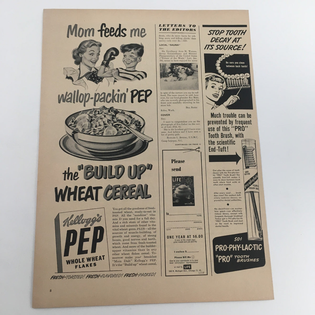 1950 print ad for Kellogg's PEP Whole Wheat Flakes, featuring mothers discussing the nutritious cereal alongside an eye-catching layout and nostalgic design.