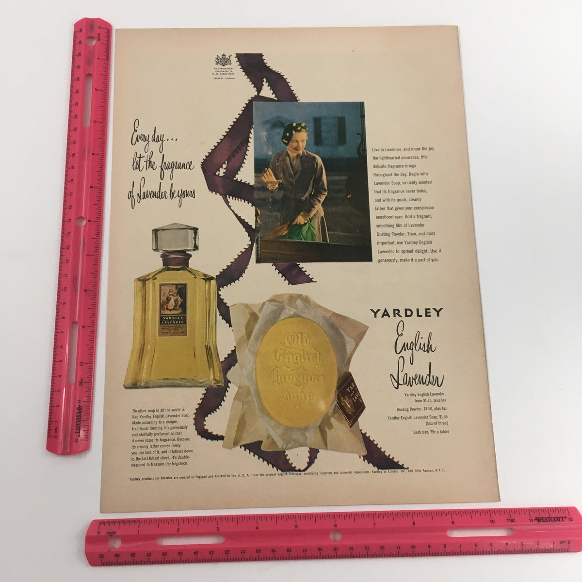 Yardley English Lavender Vintage Print Ad displayed with measurements, showcasing the perfume bottle and an image of a man, emphasizing the scent's elegance.