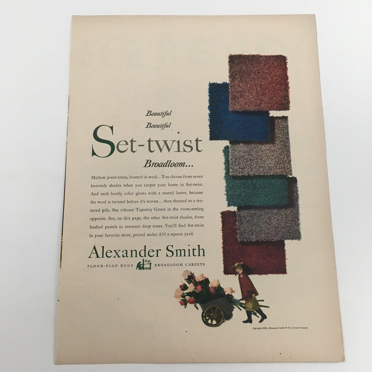 1950 Alexander Smith Floor Plan Rugs Broadloom Carpets Vintage Print Ad featuring colorful carpet samples in a nostalgic design, ideal for home decor enthusiasts and collectors.