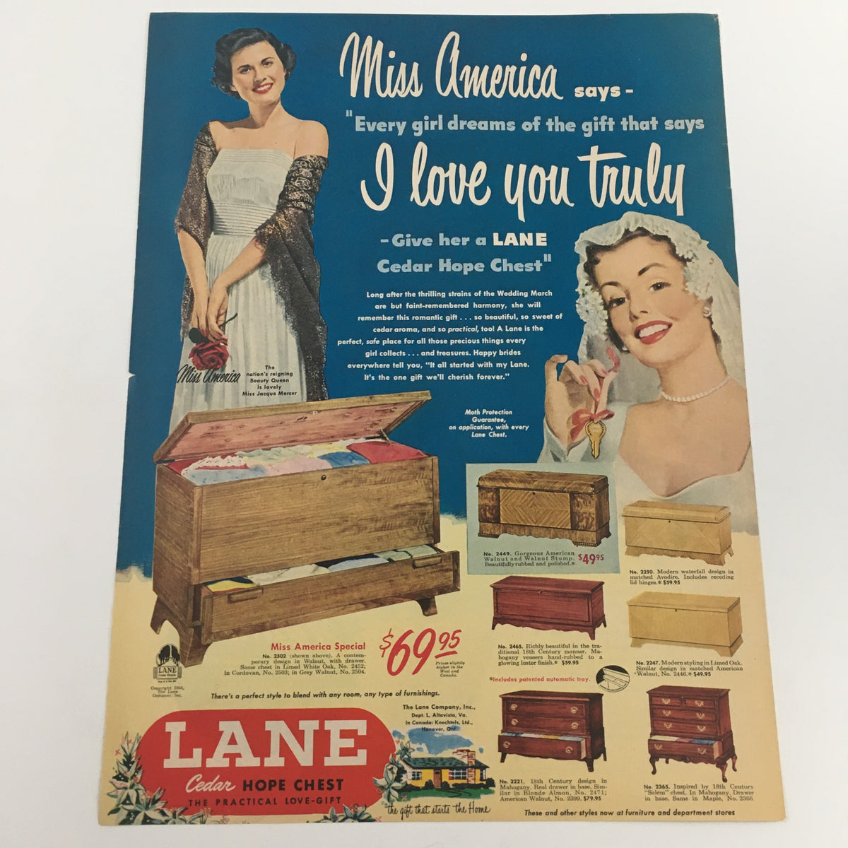 1950 Jantzen Lastex-Powered Figuremaker Swim Suits Vintage Print Ad advertising a Lane Cedar Hope Chest, showcasing the beauty of vintage home decor along with swimwear fashion.