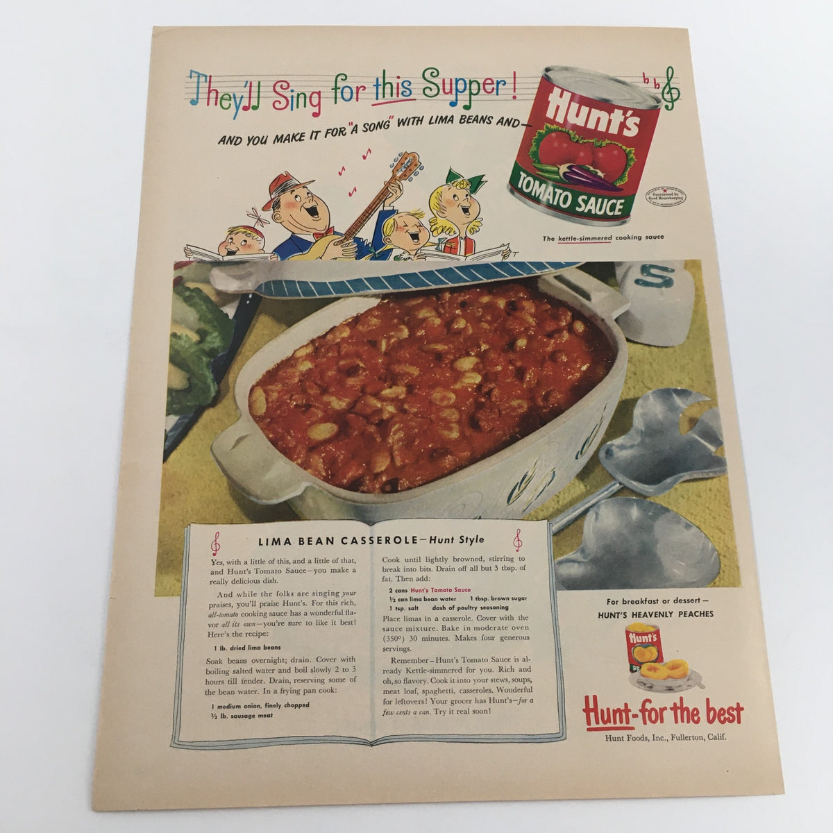 1950 Hunt's Tomato Sauce Lima Bean Casserole Recipe Vintage Print Ad showcasing a delicious casserole with illustrations of cheerful children and the tagline 'They'll Sing for this Supper!'.